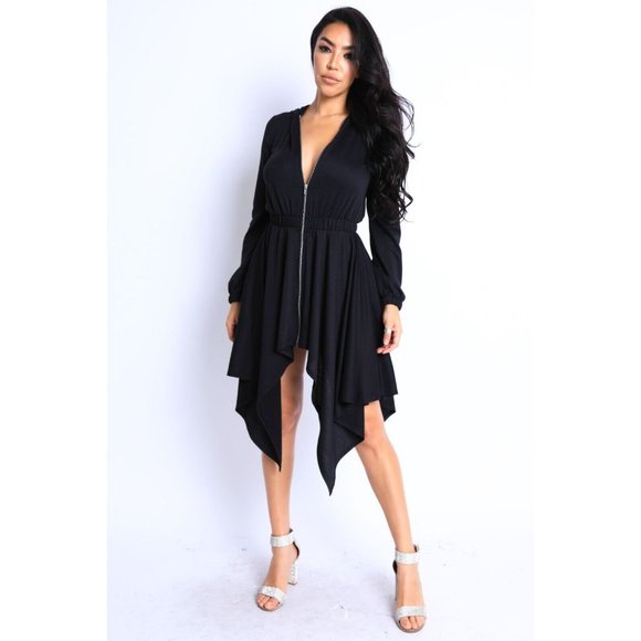 Women's Long Sleeves Hooded Drape Dress Full Zipper Dress Jacket Dress - Picture 11 of 11